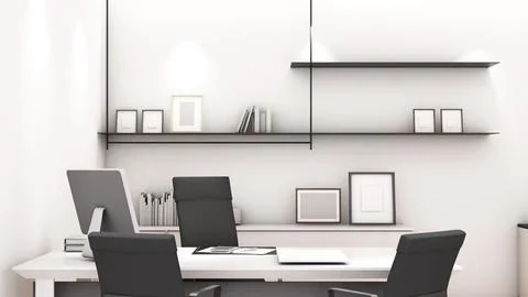 The executive room has a personal work desk and a lounge chair. The room is.. Stock Illustration