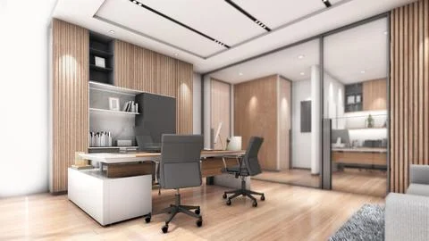 The executive room has a personal work desk and a reception chair in a wood.. 库存插图