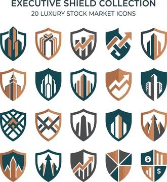 Executive shield collection featuring twenty luxury stock market icons Illustrazione stock