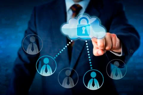 Executive Touching Locked Cloud Linked To Peers Stock Photos