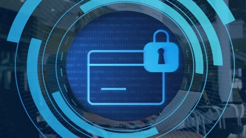 Executive typing on laptop in atrium, starting rotating HUD card padlock Stock Footage 335651711