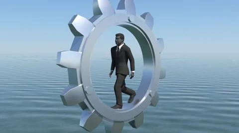 Executive walking inside a large metal gear at sea. Stock Footage 61060412