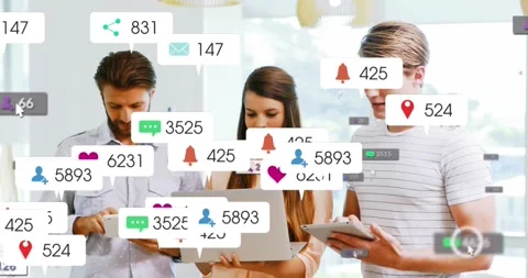 Executives explore social media's global network via digital devices in an 스톡 동영상 329517518