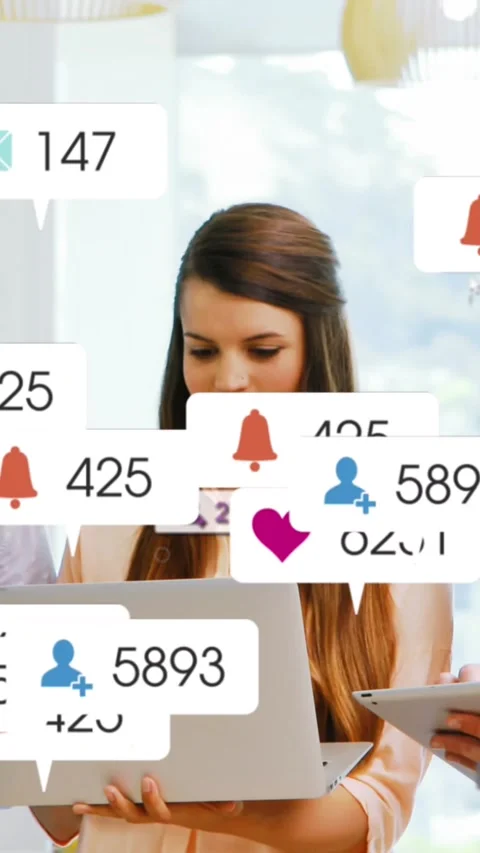 Executives explore social media's global network via digital devices in an Stock Footage 344614082