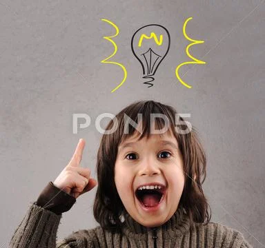 Exellent idea, kid with illustrated bulb above his head Stock Illustration