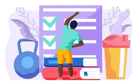 Exercise and nutrition program plan per day. Active workout and healthcare. Man Stock Illustration