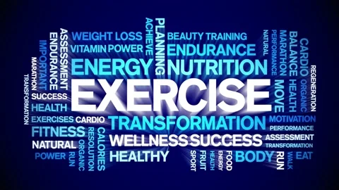 Exercise animated word cloud,animation kinetic typography text seamless loop. Stockbeeldmateriaal 169288304