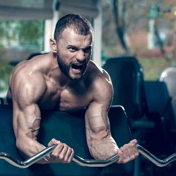 Exercise for biceps with barbell Stock Photos