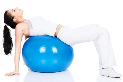 Exercise on the big blue ball Foto stock