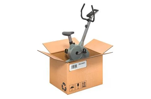Exercise bike inside cardboard box, delivery concept. 3D rendering Illustrazione stock