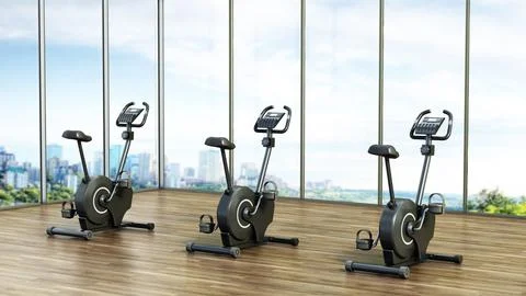 Exercise bikes standing in a row inside a gym. 3D illustration Stock Illustration