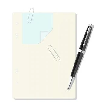 Exercise book in a cage, pen, paper clip, leaf Stock Illustration