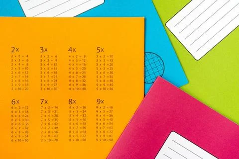 Exercise book for math Multiplication table on orange exercise book cover ... Stock Photos