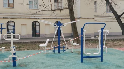 Exercise equipment sealed off by authorities due to the Covid-19 epidemic Stock Footage 127345497