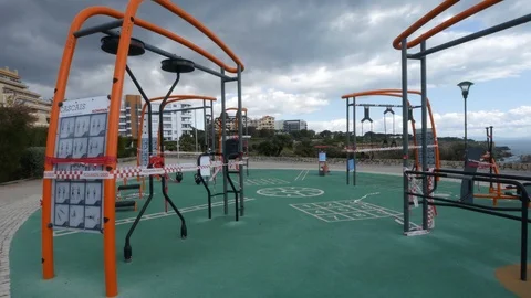 Exercise equipment sealed off during Coronavirus epidemic Stock Footage 126844282