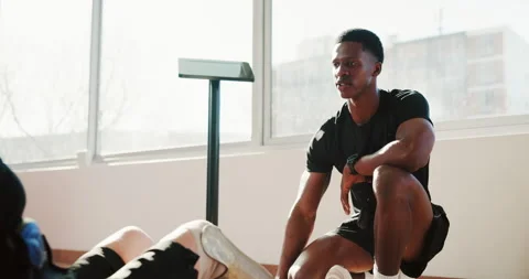 Exercise, high five or prosthetic with personal trainer and woman in studio for Stock Footage 287484741