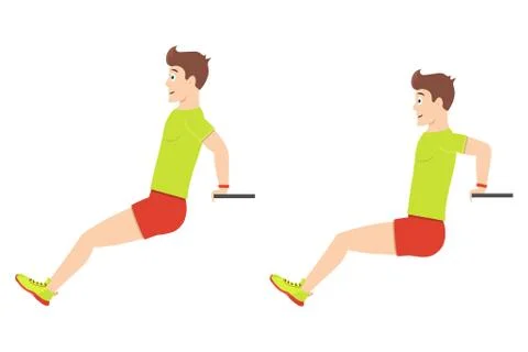 Exercise at home. Young handsome guy doing triceps exercises pushing up from a 스톡 일러스트