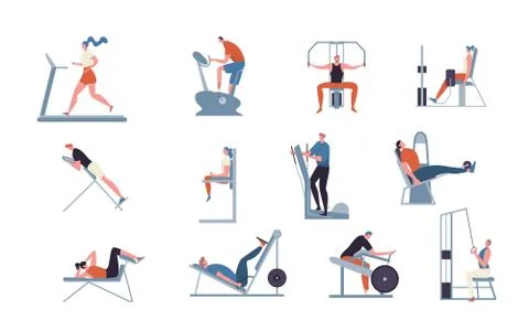 Exercise machines for gym, vector illustration, people training at fitness club Stock Illustration