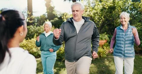 Exercise, man and old people outdoor with personal trainer, movement together Stock Photos
