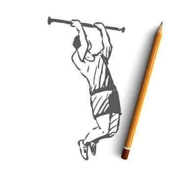 Exercise, man, pull up, sport, bodybuilding concept. Hand drawn isolated vect Stock Illustration