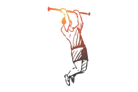Exercise, man, pull up, sport, bodybuilding concept. Hand drawn isolated vect Stock Illustration
