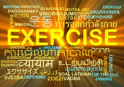 Exercise multilanguage wordcloud background concept glowing Stock Illustration