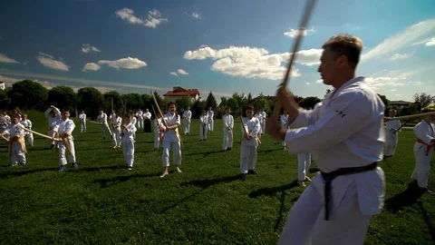 Exercise in the open air. Aikido lessons in the open air. Children are engaged Vídeos de archivo 90433960