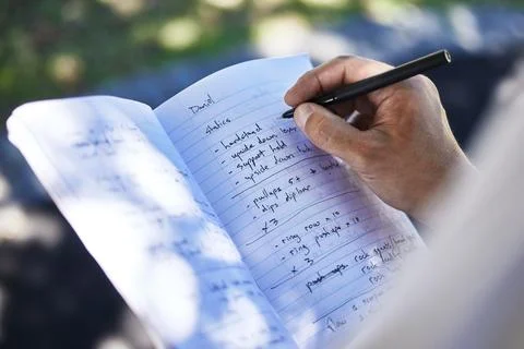 Exercise plan loading. Shot of a unrecognizable man writing in his notebook o Foto stock