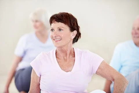 Exercise, stretching and thinking with old woman in pilates studio for acti.. Stock Photos