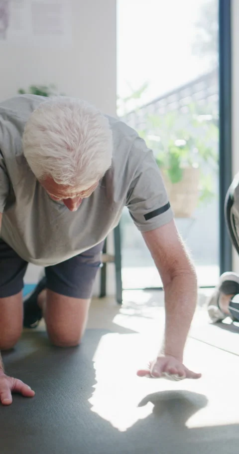 Exercise, stretching or yoga with old man and physiotherapist in studio for Stock Footage 335113049