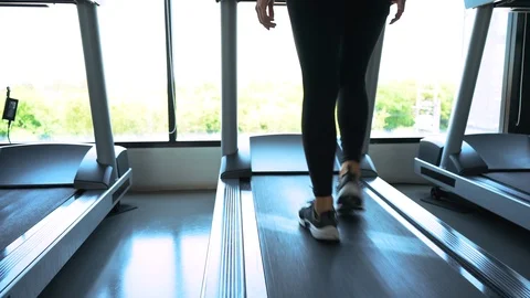 Exercise treadmill cardio running workout at fitness gym Видео 123274693