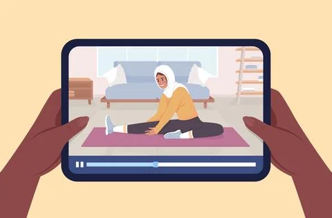 Exercise video lesson semi flat color vector first view hand Illustrazione stock