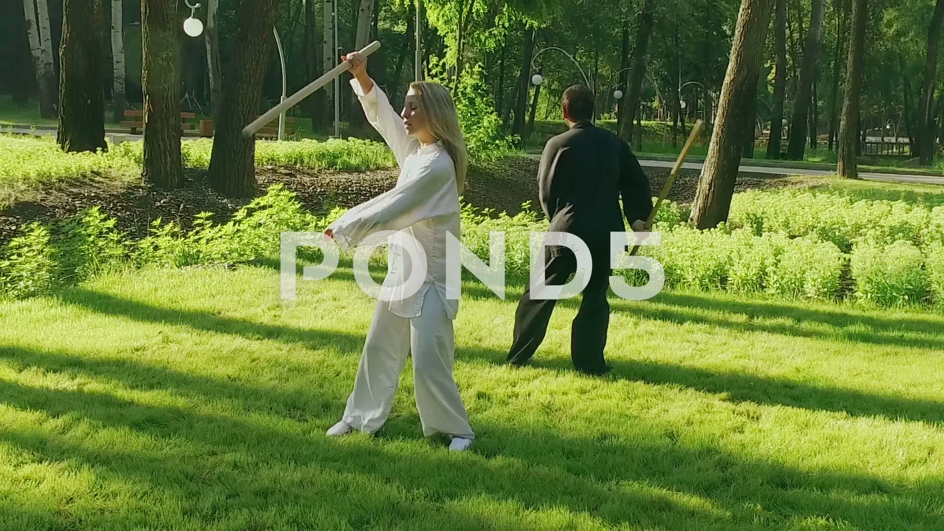 Exercise With A Wooden Stick Man And Woman Practicing Qigong Exercise With A Wooden Stick Man And Woman Practicing Qigong Slow Motion Hd 67091789