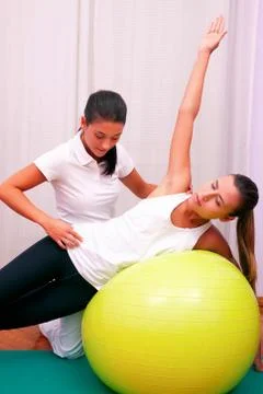 Exercises control basin trunk with bobath ball fitball stabilization exercise Stock Photos
