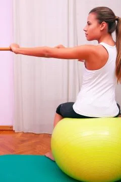 Exercises control basin trunk with bobath ball fitball stabilization exercise Stock Photos