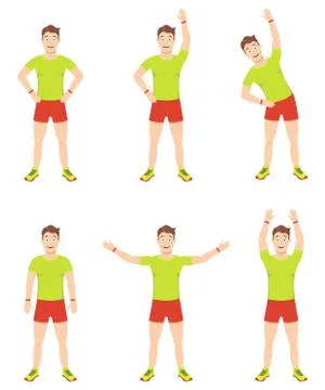 Exercises at home. Young handsome guy makes stands in various poses. Warm up for Stock Illustration