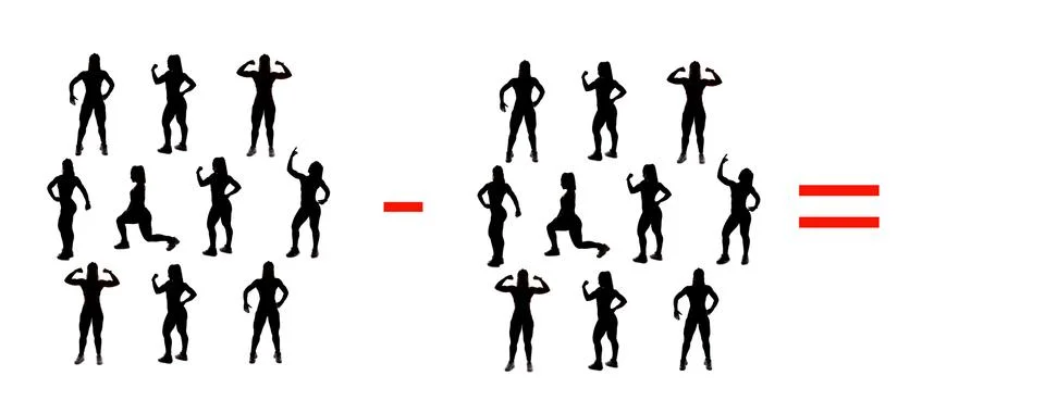 Exercises of mathematical subtraction with objects and persons Illustrazione stock