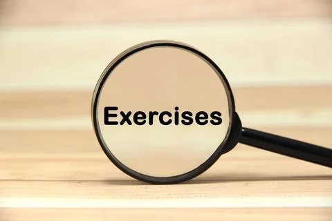 Exercises wording  or text on black magnifying glass with wood background.C.. Stock Photos
