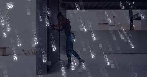 Exercising against wall, person with binary code animation overlay Video stock 303616104