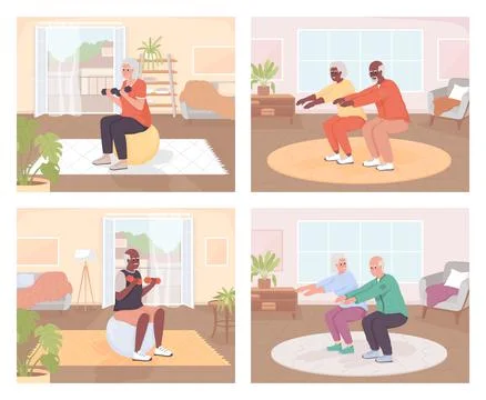 Exercising for elderly people flat color vector illustrations set 스톡 일러스트