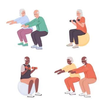 Exercising for elderly semi flat color vector characters set 스톡 일러스트