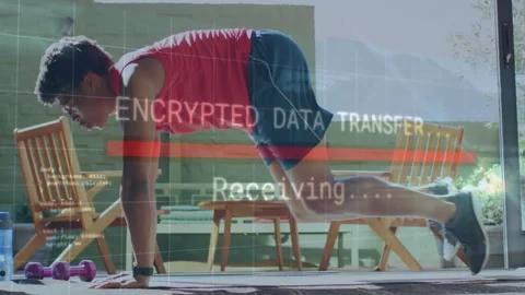 Exercising with encrypted data transfer animation overlaying scene, person Stock Footage 305030132