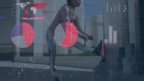Exercising with fitness data analytics animation, woman stretching leg over Stock Footage 304567773