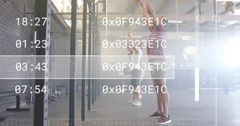 Exercising in gym, people with hexadecimal code animation overlay in background Stock Footage 305519281