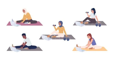 Exercising with online lesson semi flat color vector characters set Illustrazione stock