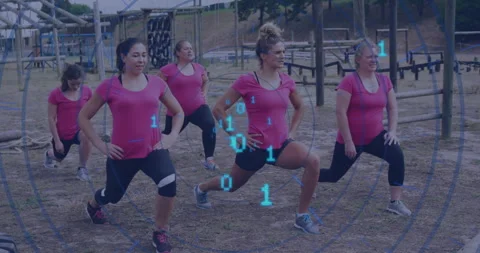 Exercising outdoors, women with digital binary code overlay in background Stock Footage 305490537