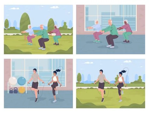 Exercising together flat color vector illustration set 스톡 일러스트