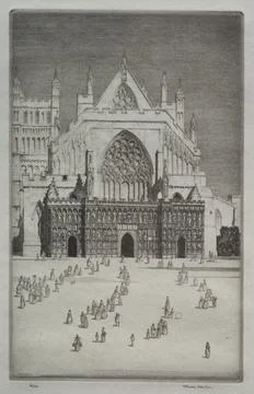 Exeter Cathedral. Herbert Gordon Warlow (British, 1885-1942). Drypoint; Stock Illustration