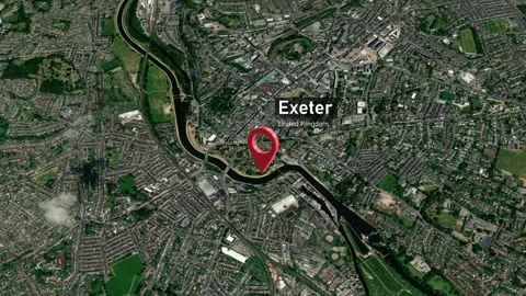 Exeter City Map Zoom (UK) from Space to Earth Video stock 243282179