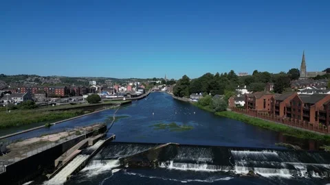 Exeter, Devon, England: DRONE VIEW: Trews Weir, River Exe, Exeter Ship Canal (5) Stock Footage 265024703